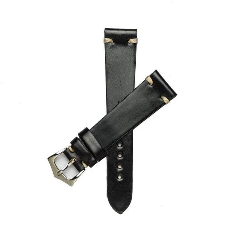 Black Cordovan Leather Watch Strap Ecru Stitches