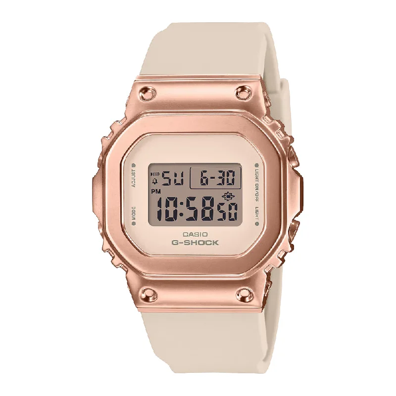 G-Shock Digital Metal Covered Ladies Watch - Pink Case With Beige Dial and Strap