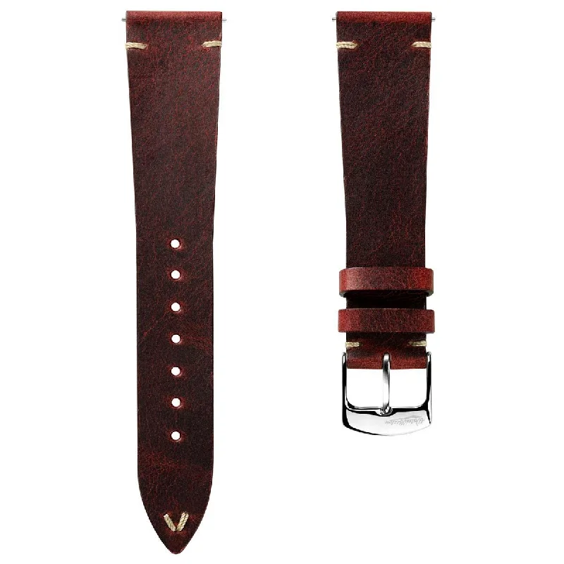 German V-Stitch Crazy Horse Leather Watch Strap - Bordeaux