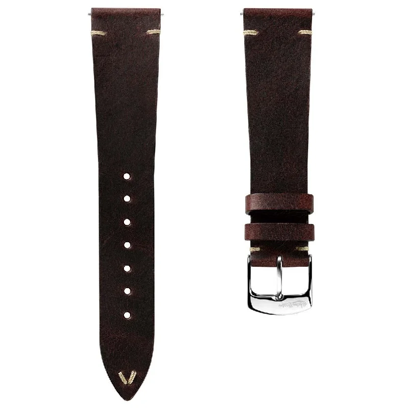 German V-Stitch Crazy Horse Leather Watch Strap - Chocolate Brown