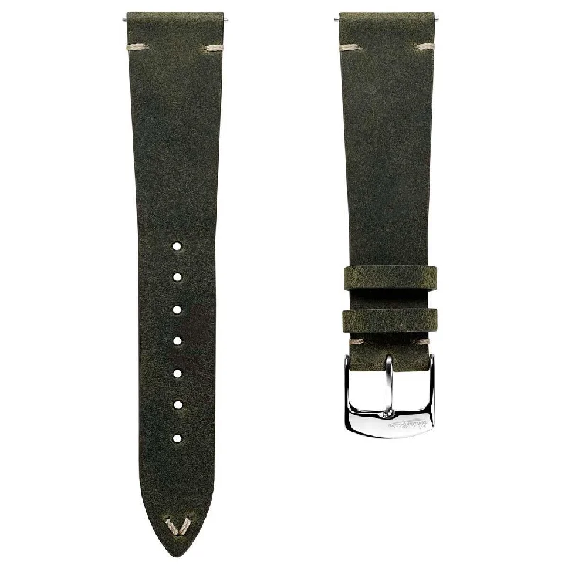 German V-Stitch Crazy Horse Leather Watch Strap - Olive Green