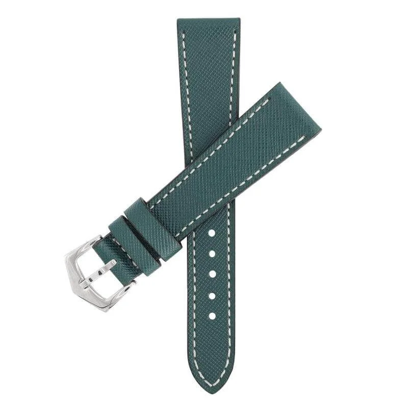 Green Saffiano  Leather Ecru Stitches  Watch Strap