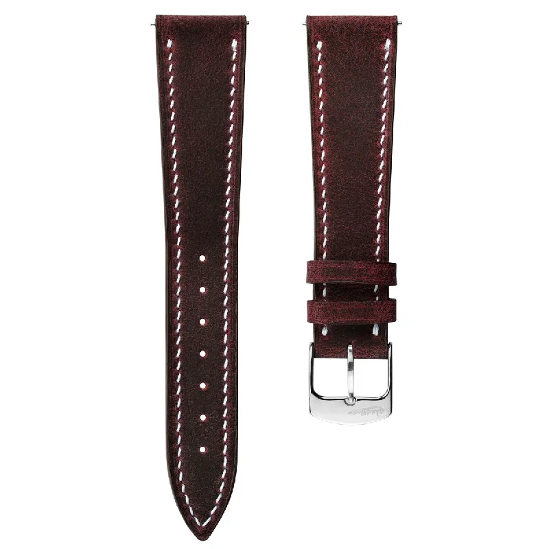 Hand Stitched Crazy Horse Leather Watch Strap - Bordeaux