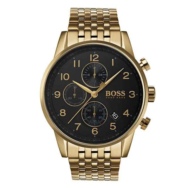 Hugo Boss Stunning Gold Navigator Black Chronograph S/Steel Men's Watch 1513531