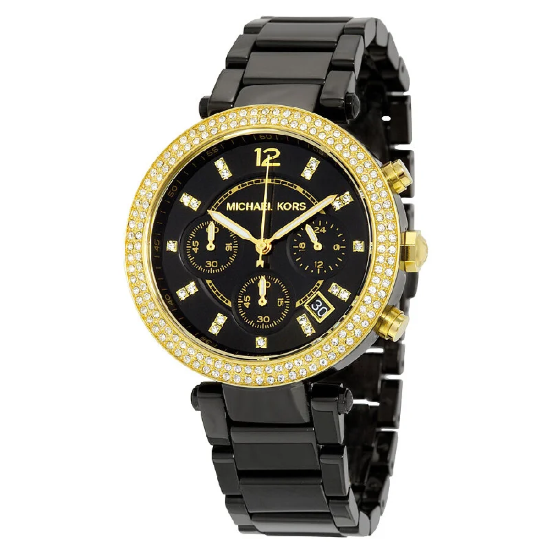 Michael Kors Parker Chronograph Black Dial Black Ion-plated Ladies Watch MK6107