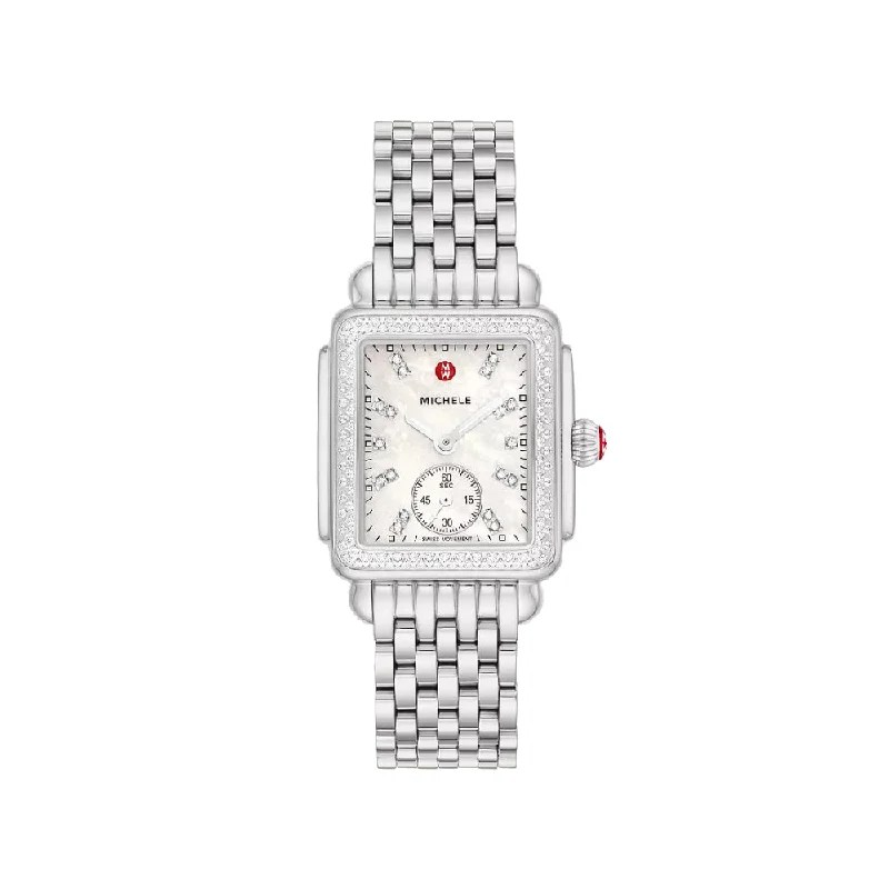 Michele Deco Mid Diamond Bezel Stainless Steel Watch - White Mother of Pearl Dial