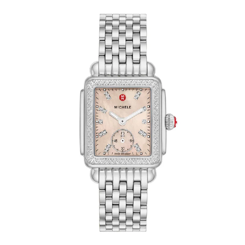 Michele Deco Mid Stainless Steel Diamond Watch with Apricot Dial