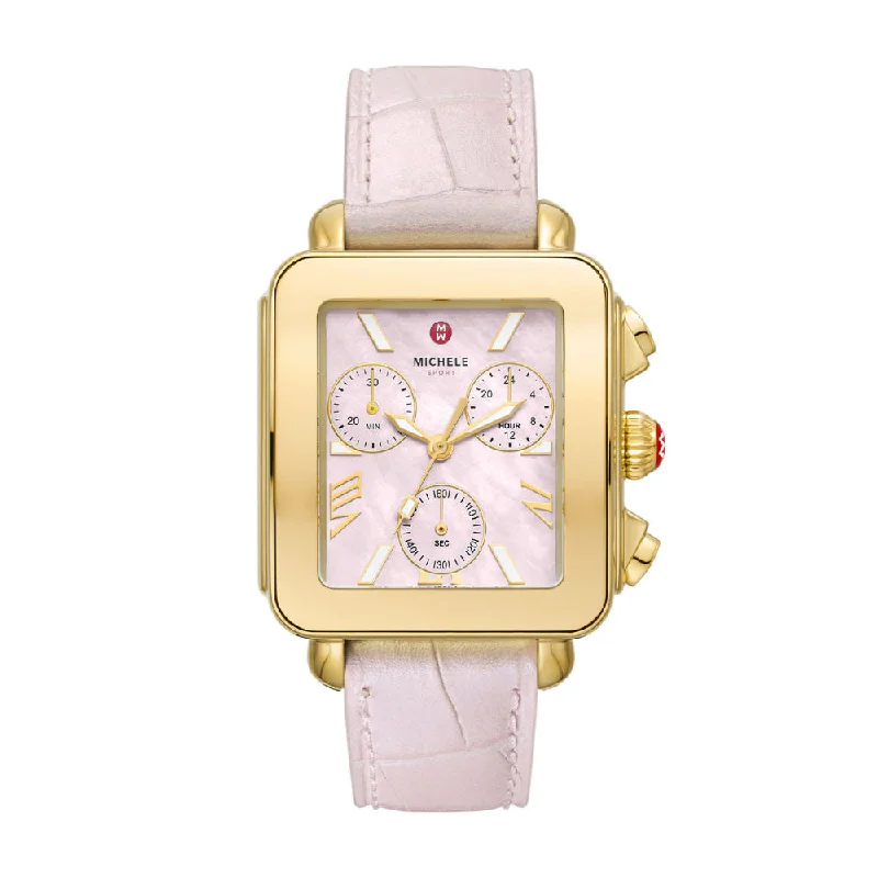 Michele Deco Sport Chronograph 18k Gold-Plated Pink Leather Watch