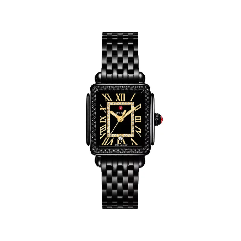 Michele Madison Deco Mid Black Diamond Watch - Black Dial and Strap