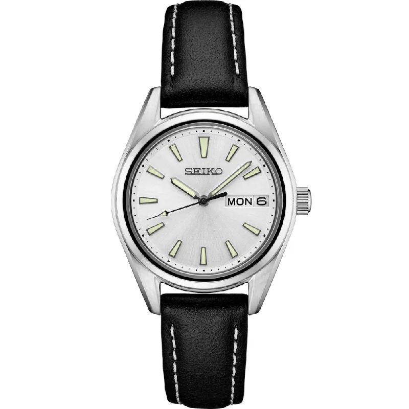 Seiko Essentials 30mm Quartz, Silver Dial / Black Leather Strap