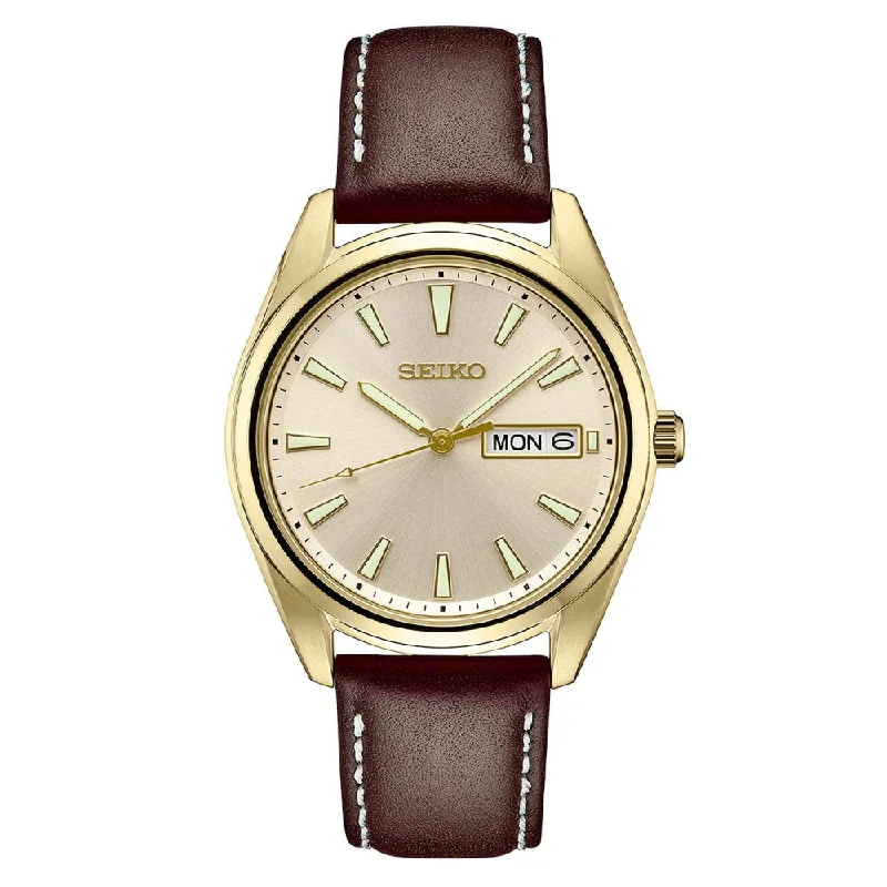 Seiko Essentials Collection 40mm Quartz Watch - Champagne Dial and Brown Leather Strap