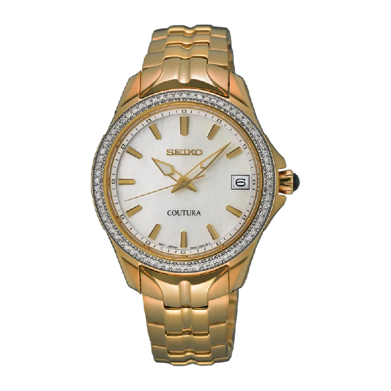 Seiko Ladies Coutura 34mm Gold Tone Quartz Watch with Diamonds