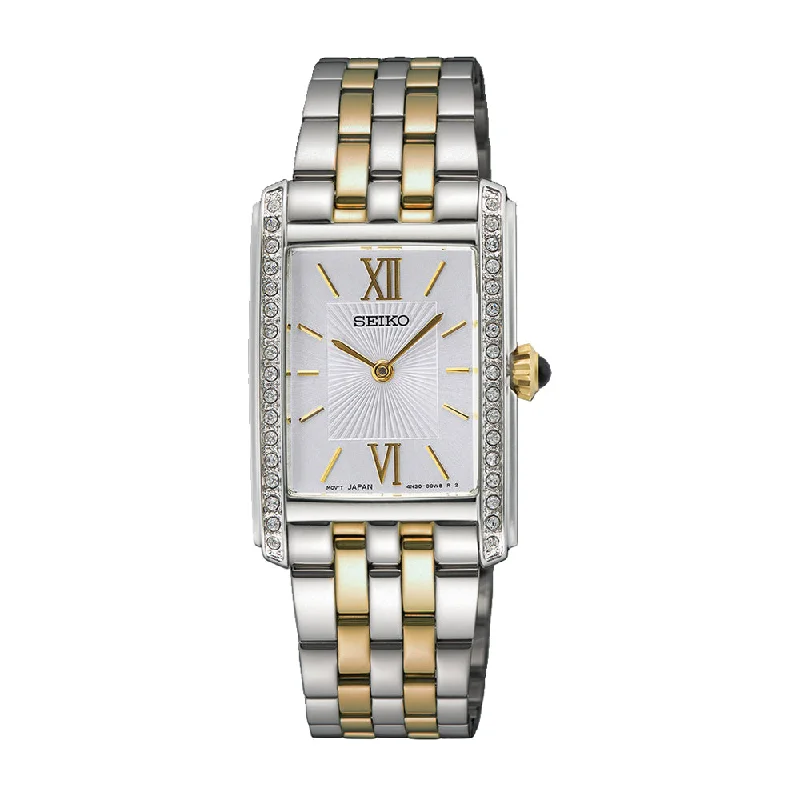 Seiko Ladies Two-Tone Crystal Rectangle Quartz Watch - Silver Dial