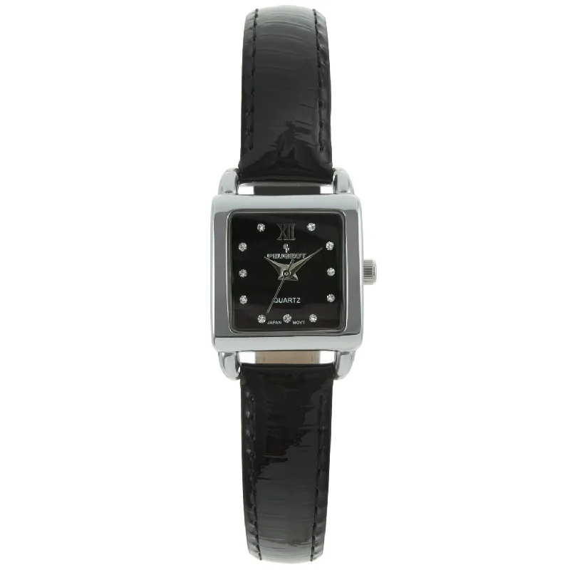 Women's 20mm Square Watch with Glossy Black Leather Strap