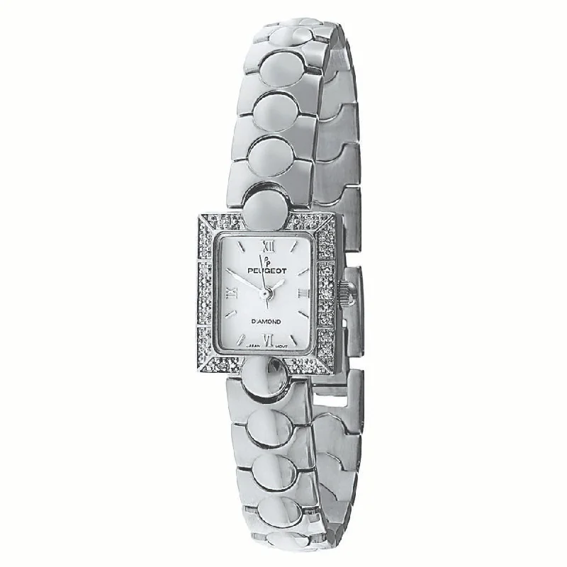 Women's 20mm Square Silver-Tone Watch with Genuine Diamond Bezel