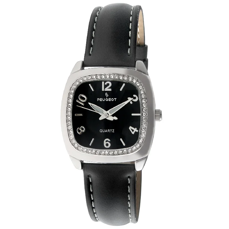 Women's 32mm Black Crystal Bezel Leather Strap Watch