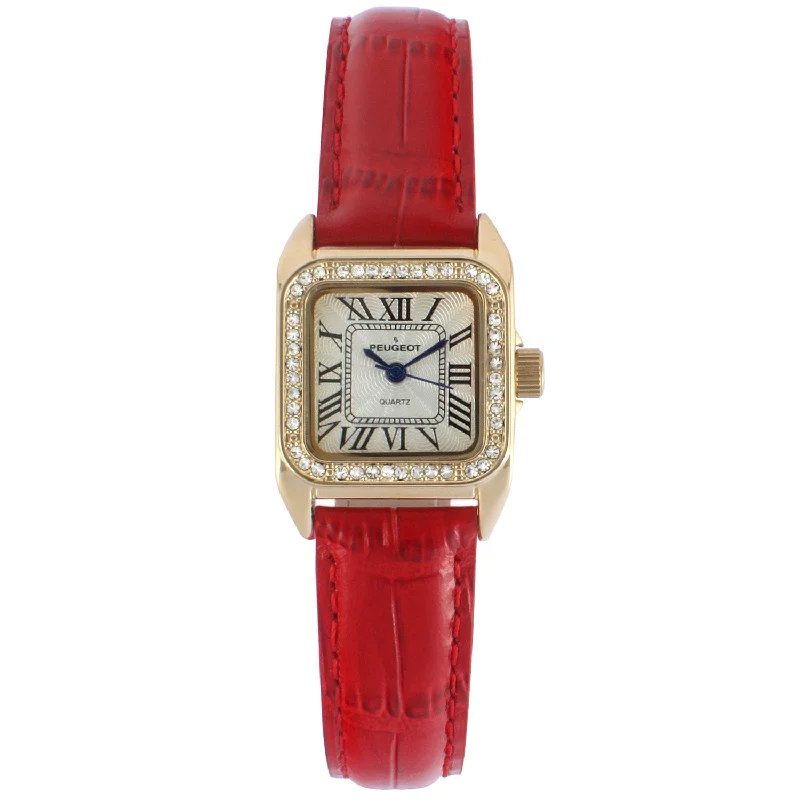 Women's 34x24mm Tank Watch with Crystal Bezel Red Leather Strap