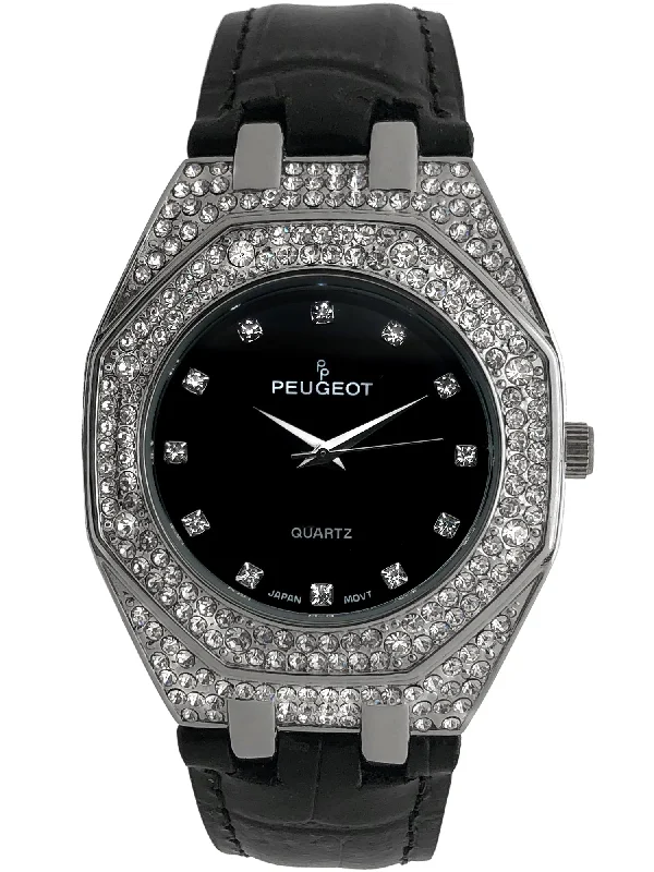 Women's 37mm Black Watch with Crystal Bezel Leather Band