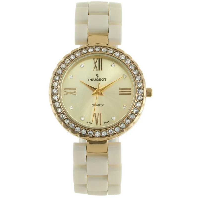 Women's Cream Ceramic Watch 35mm Crystal Bezel